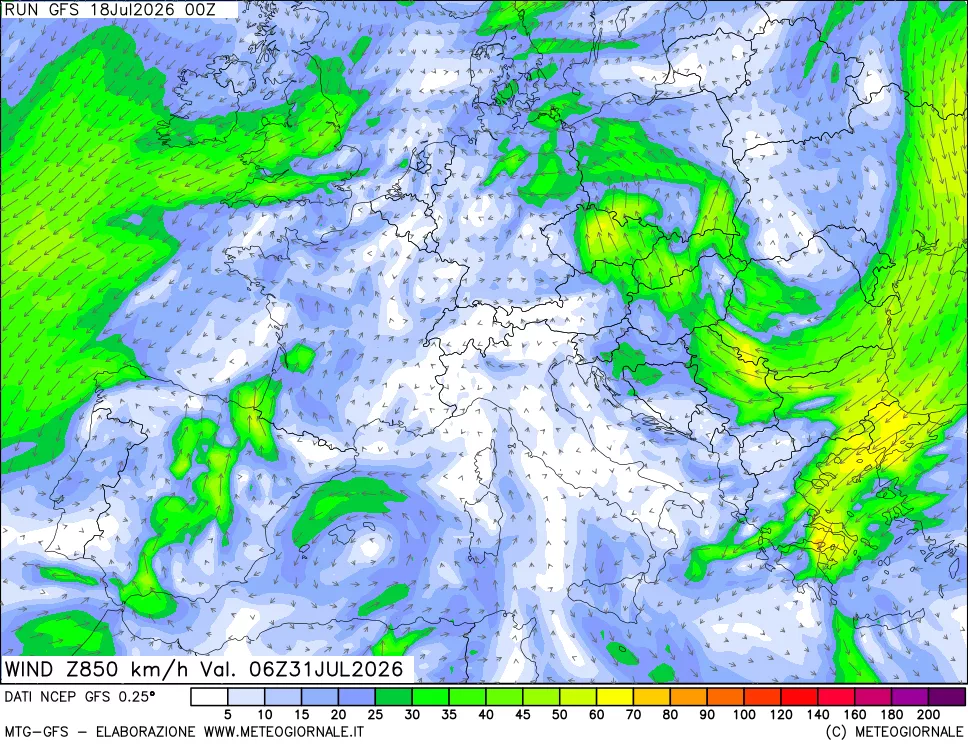 mappa 850 hPa Vento forza e direzione