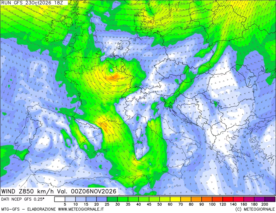 mappa 850 hPa Vento forza e direzione