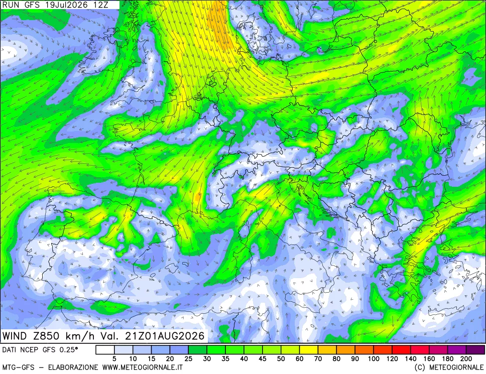 mappa 850 hPa Vento forza e direzione