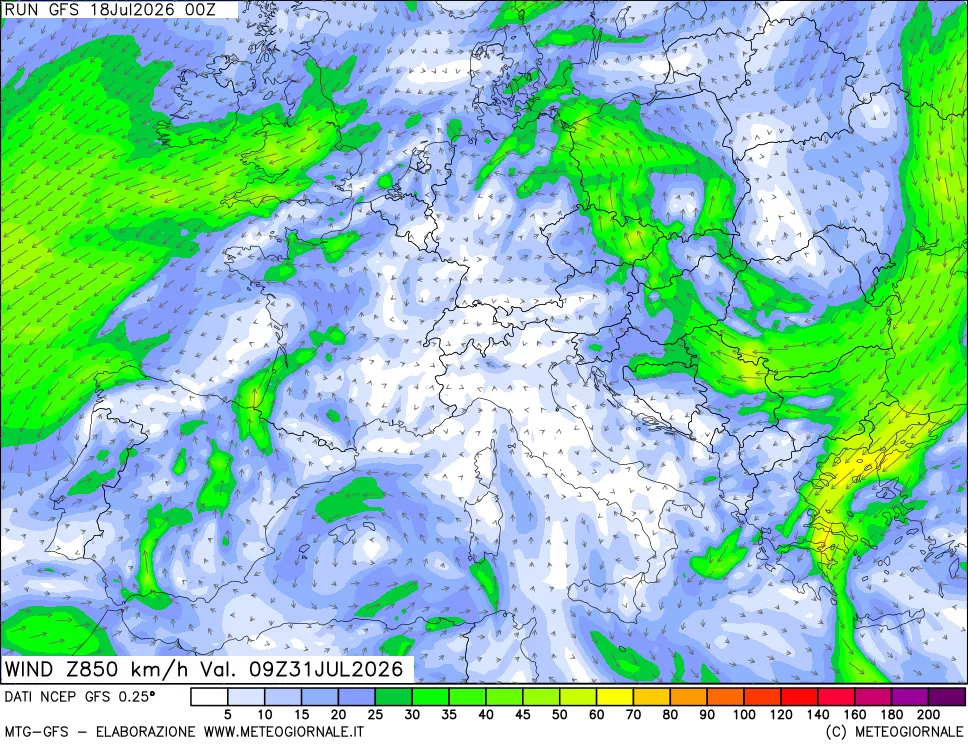 mappa 850 hPa Vento forza e direzione