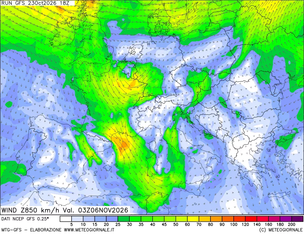 mappa 850 hPa Vento forza e direzione