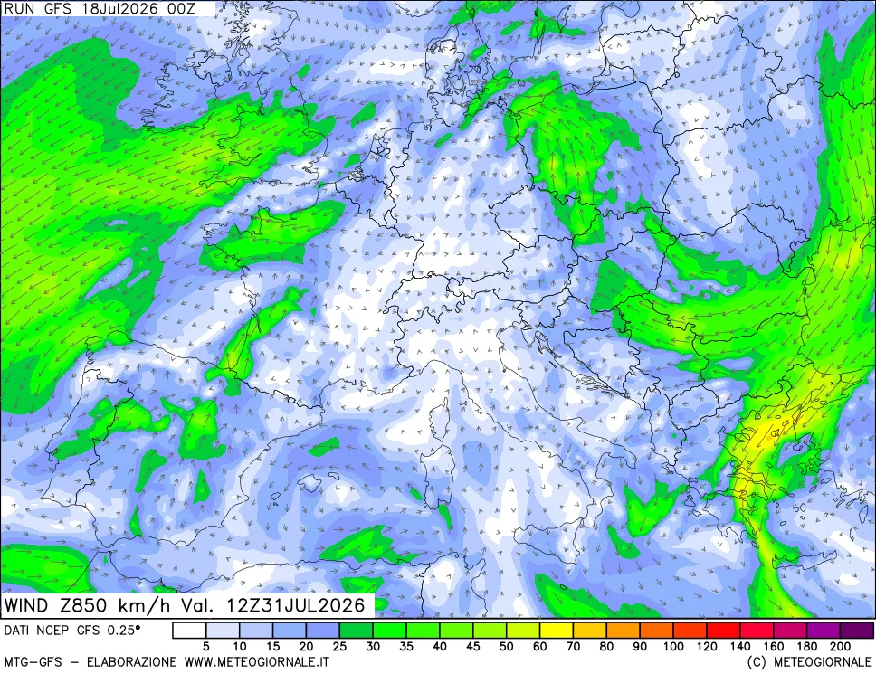 mappa 850 hPa Vento forza e direzione