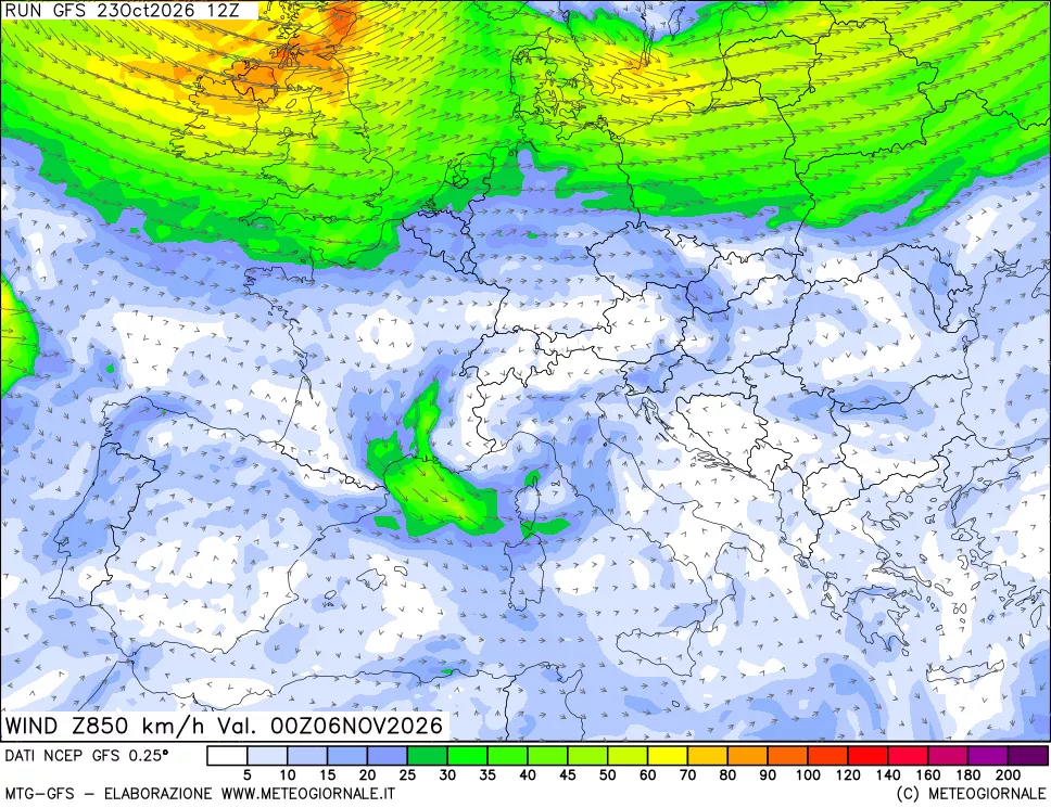 mappa 850 hPa Vento forza e direzione
