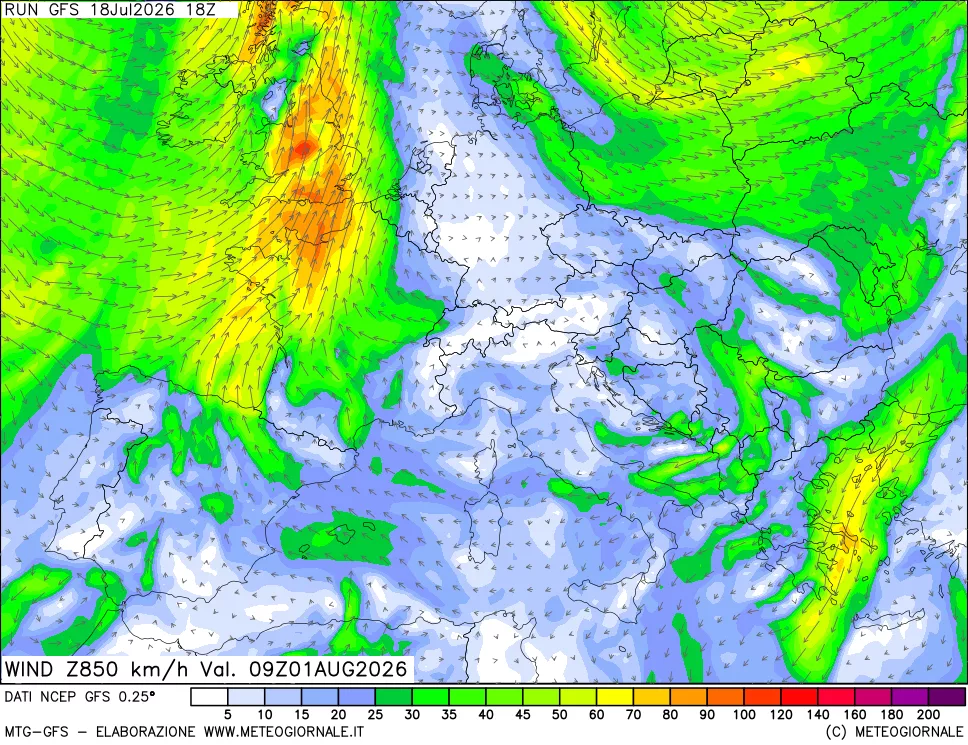mappa 850 hPa Vento forza e direzione