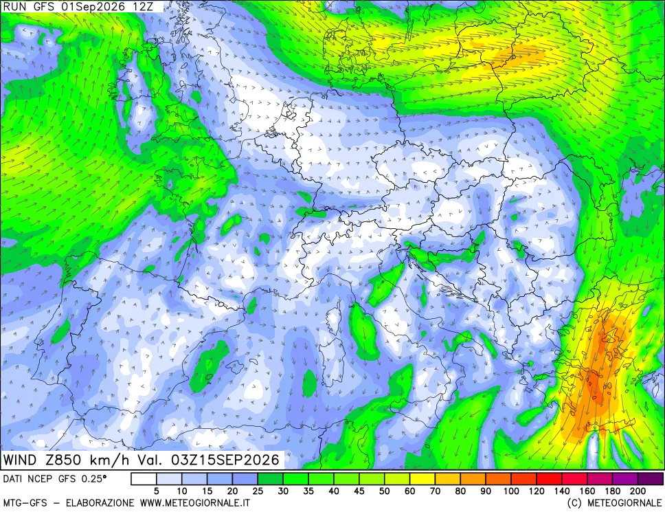 mappa 850 hPa Vento forza e direzione