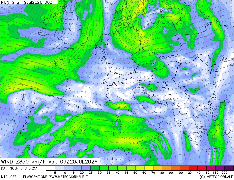 mappa 850 hPa Vento forza e direzione