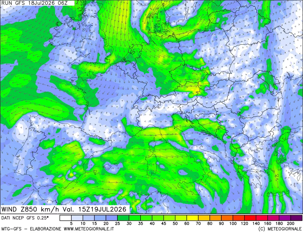 mappa 850 hPa Vento forza e direzione