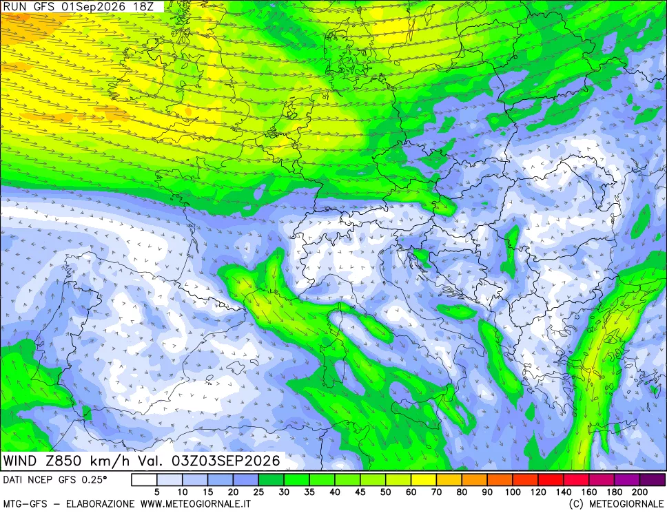 mappa 850 hPa Vento forza e direzione