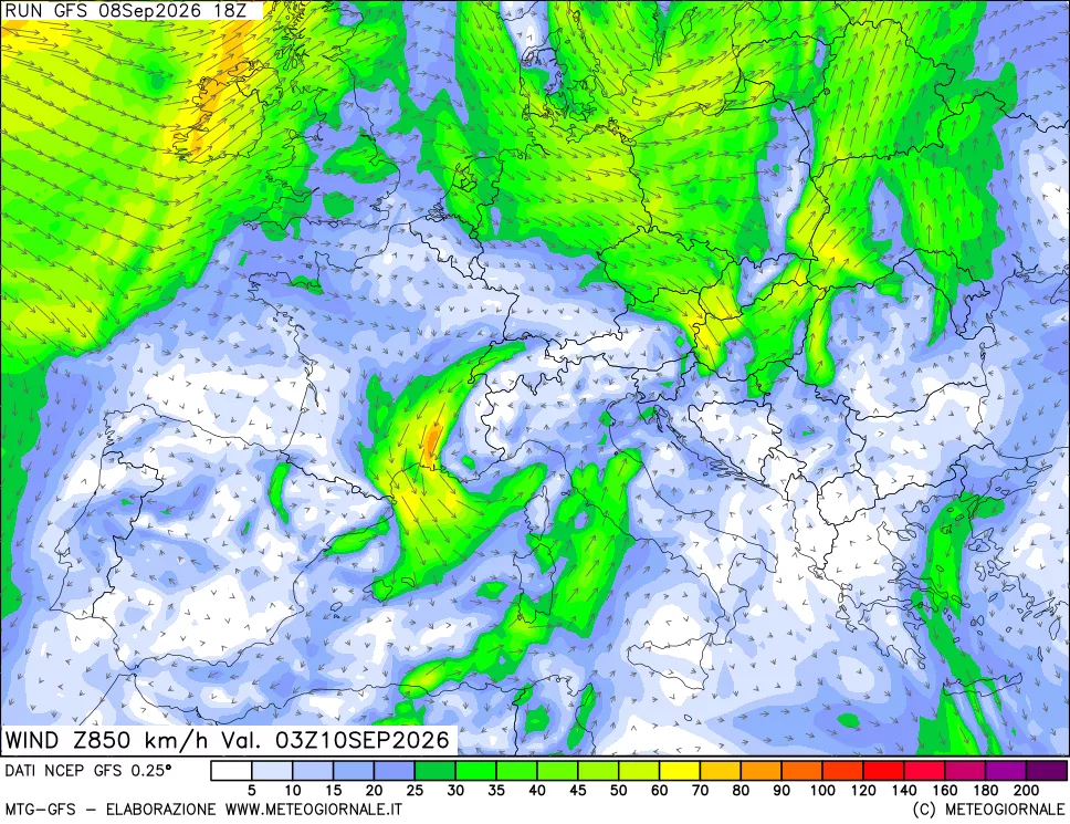 mappa 850 hPa Vento forza e direzione