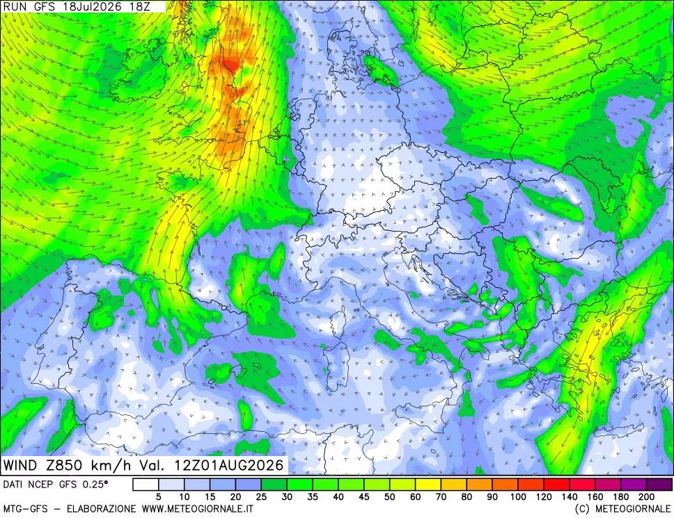 mappa 850 hPa Vento forza e direzione