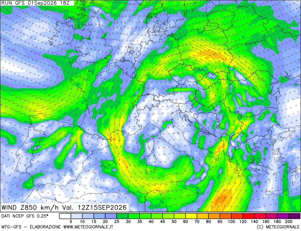mappa 850 hPa Vento forza e direzione