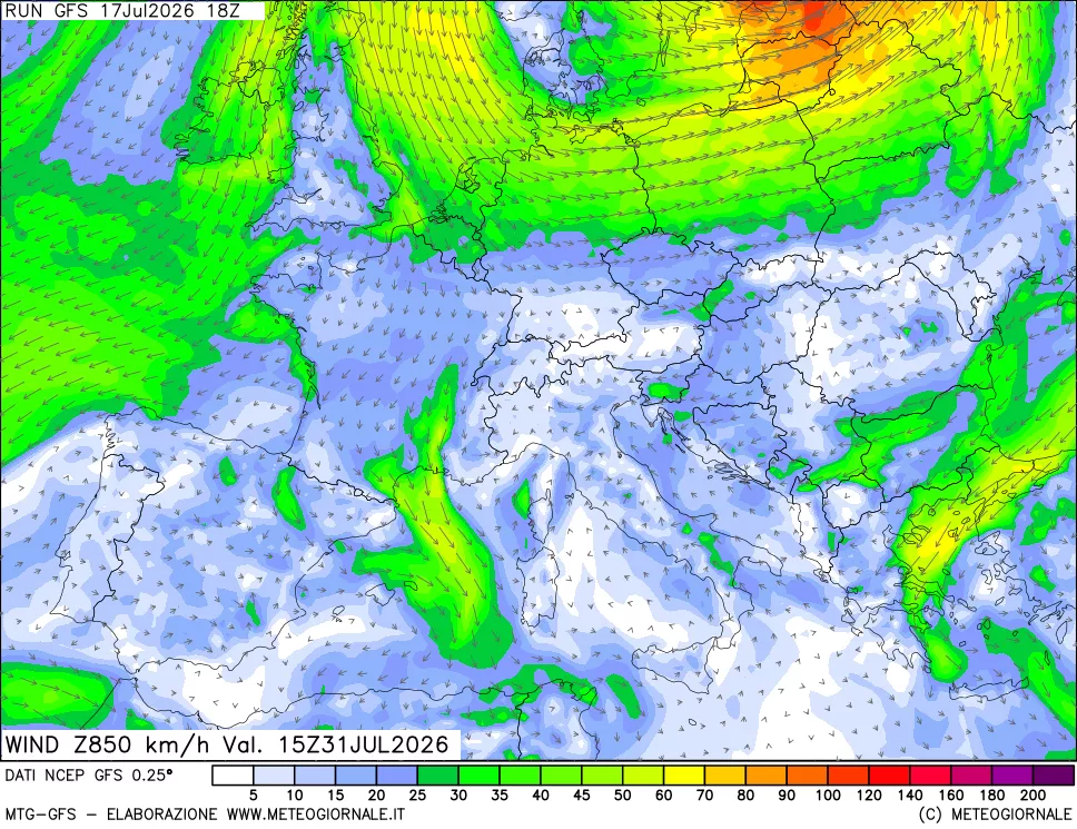 mappa 850 hPa Vento forza e direzione