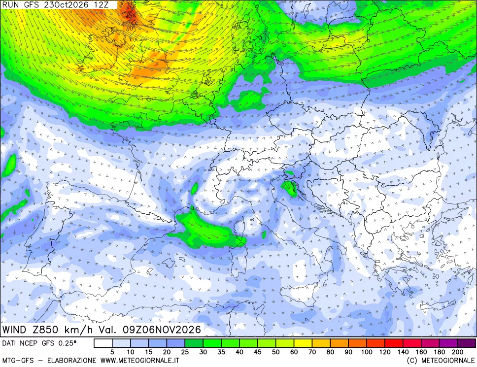 mappa 850 hPa Vento forza e direzione