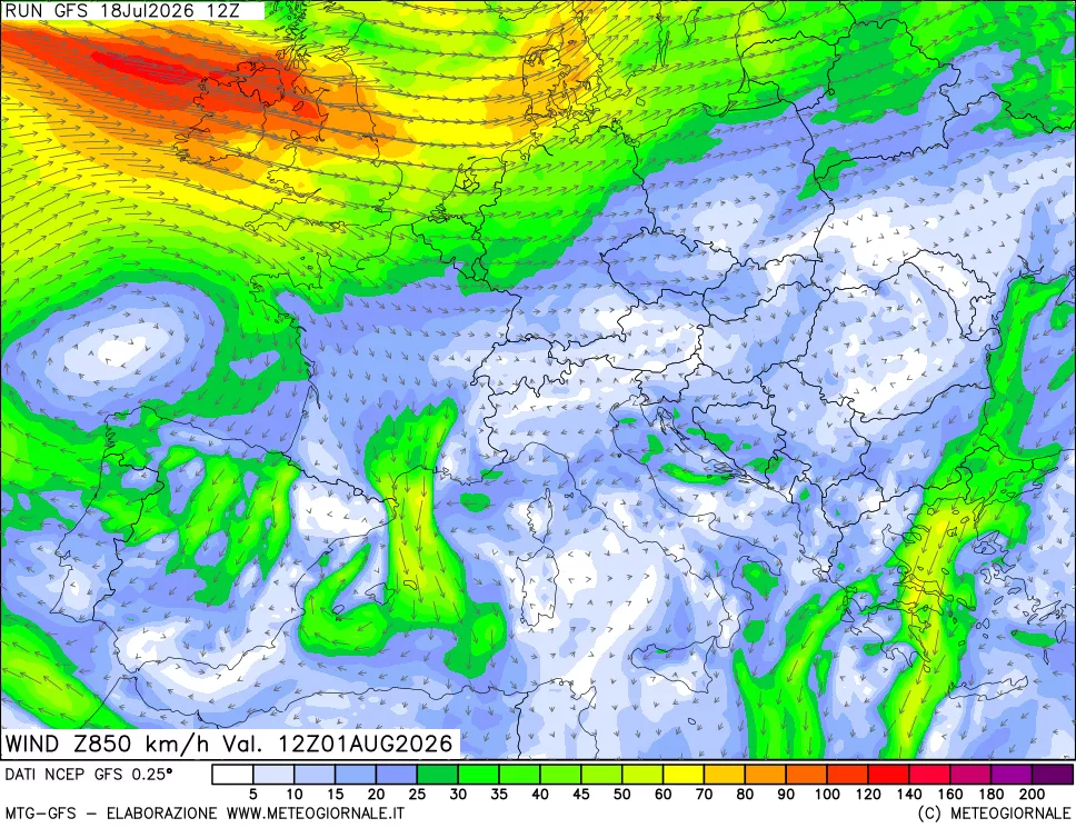 mappa 850 hPa Vento forza e direzione