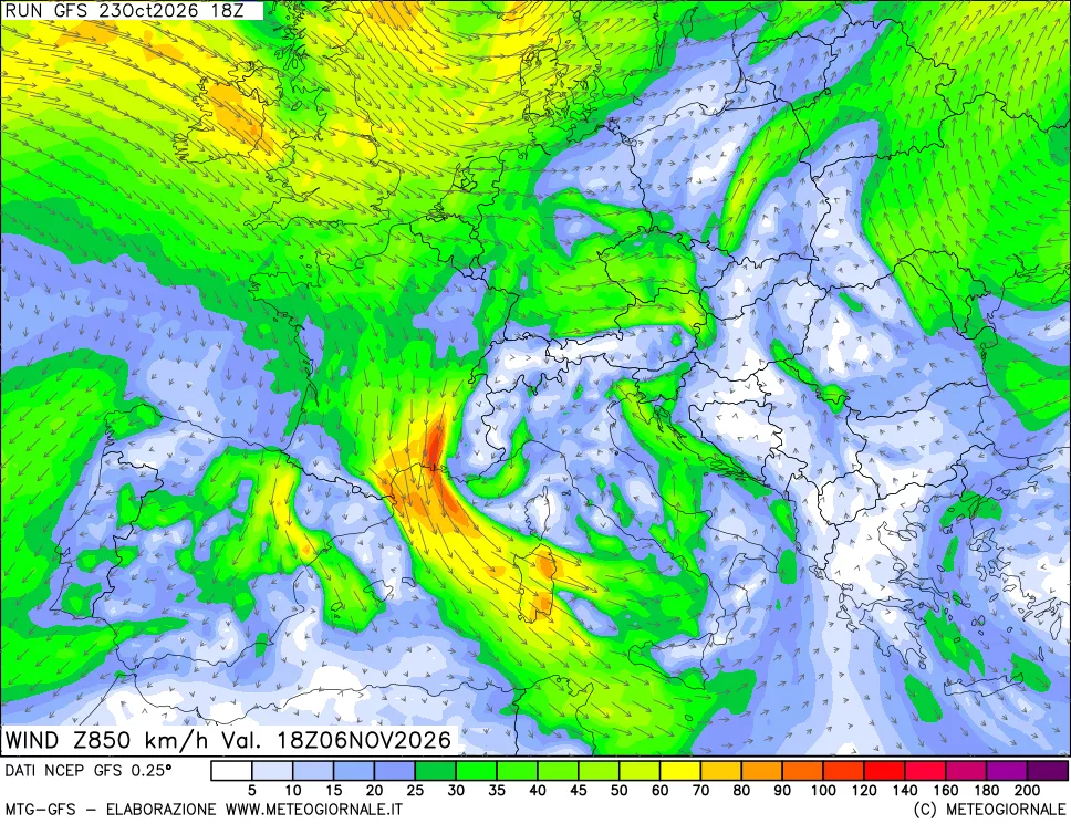 mappa 850 hPa Vento forza e direzione