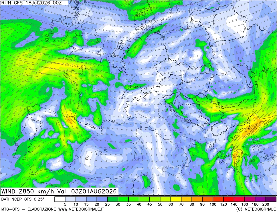 mappa 850 hPa Vento forza e direzione