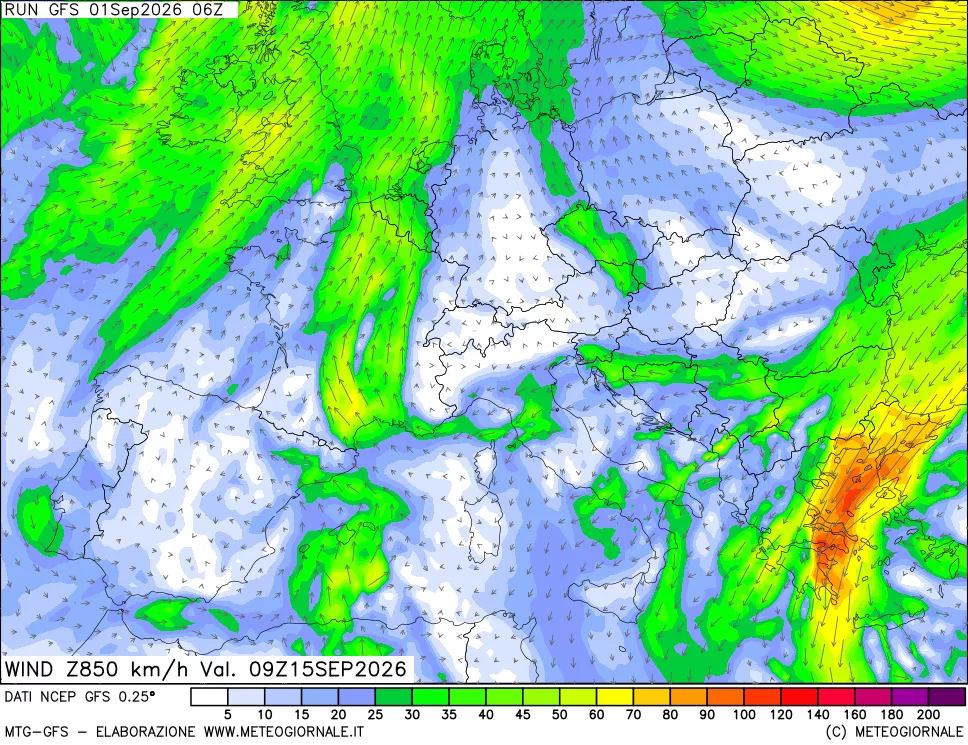 mappa 850 hPa Vento forza e direzione
