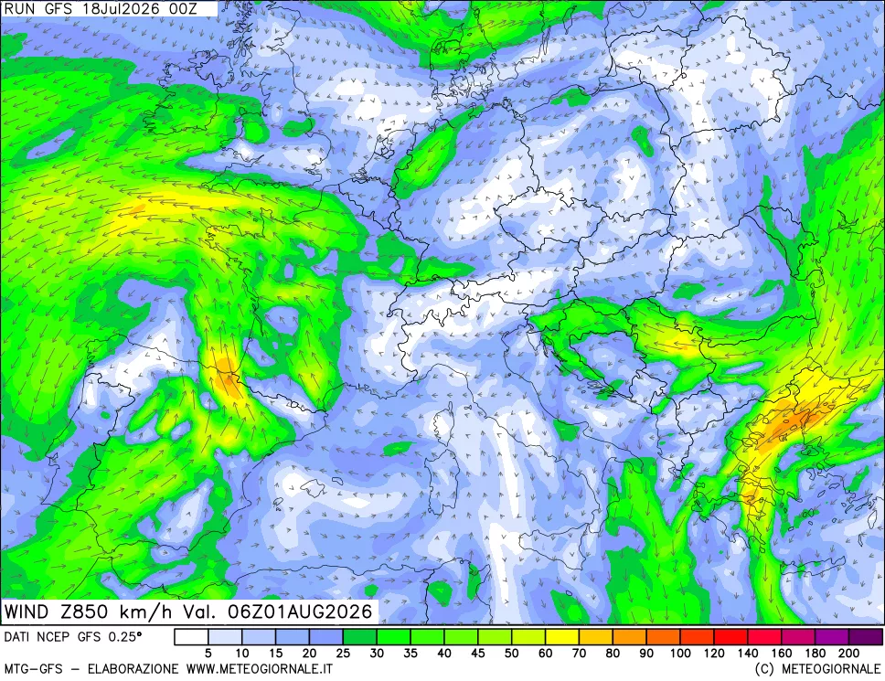 mappa 850 hPa Vento forza e direzione