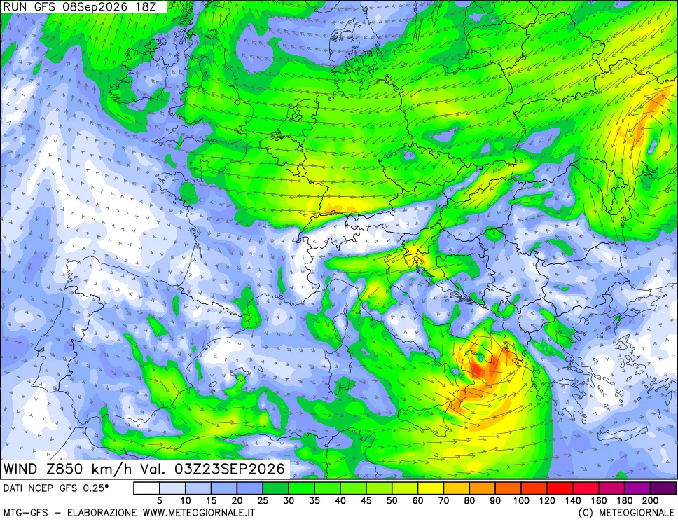 mappa 850 hPa Vento forza e direzione