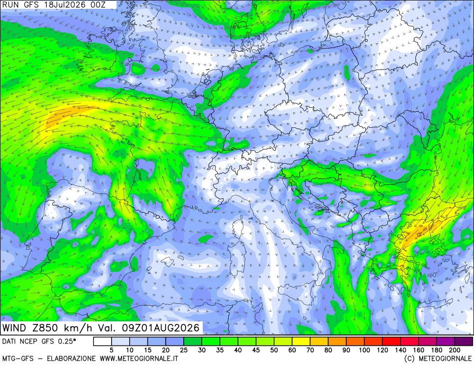 mappa 850 hPa Vento forza e direzione