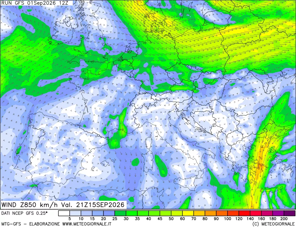 mappa 850 hPa Vento forza e direzione