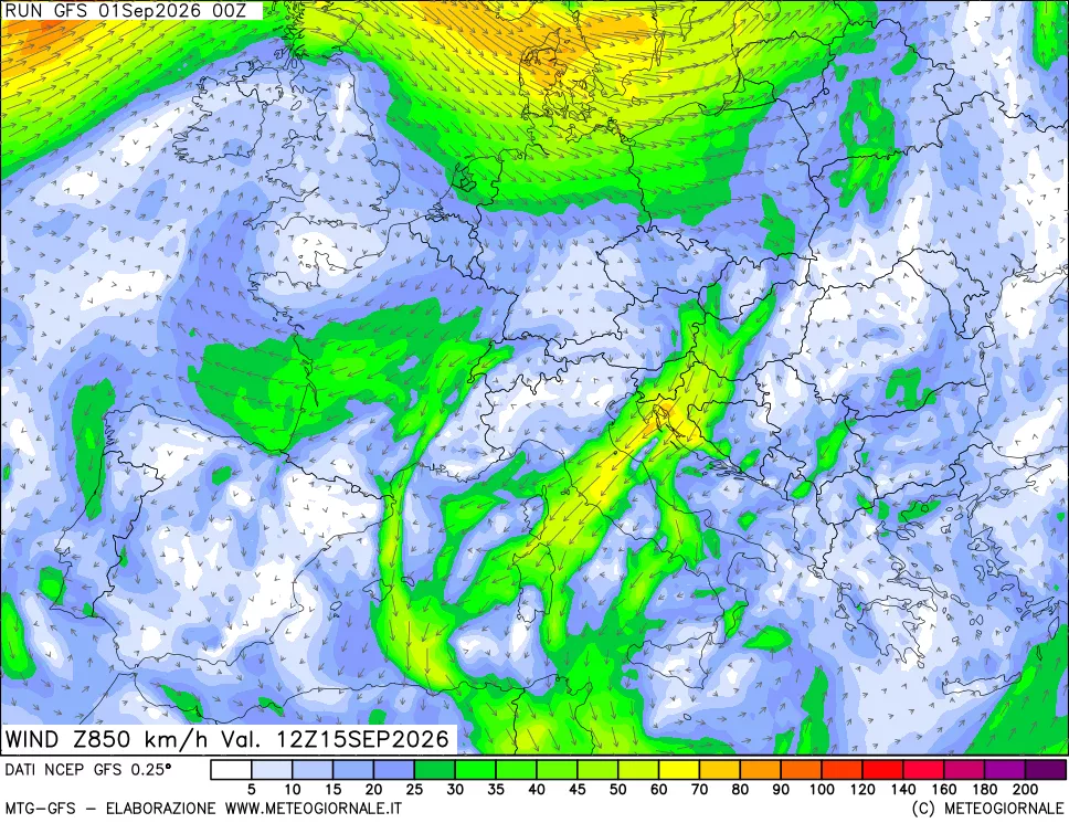 mappa 850 hPa Vento forza e direzione