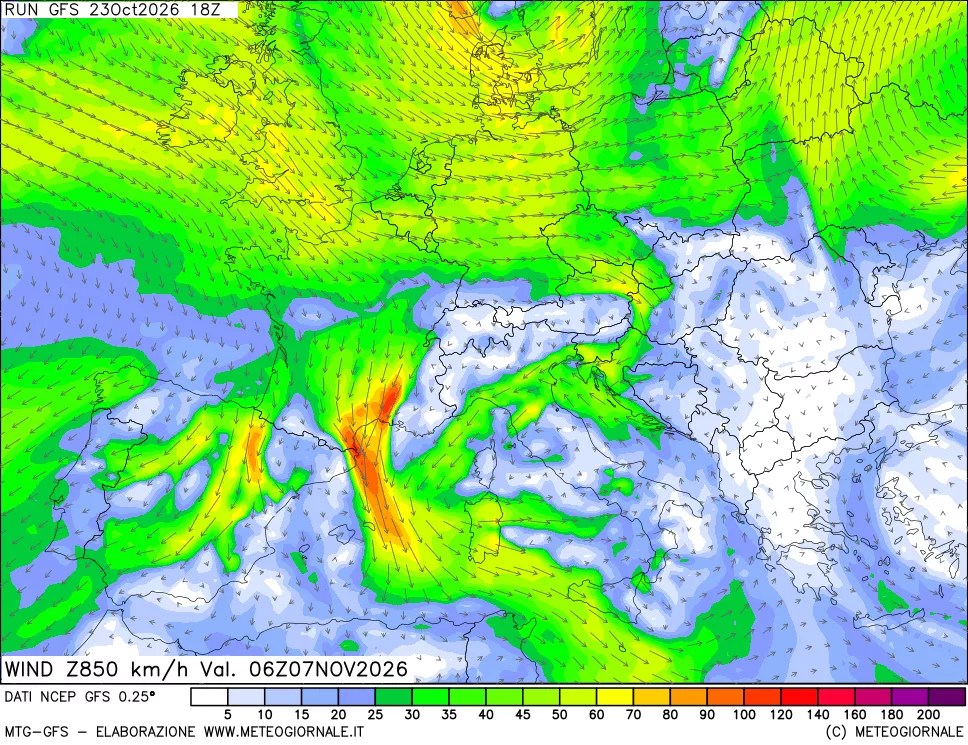 mappa 850 hPa Vento forza e direzione