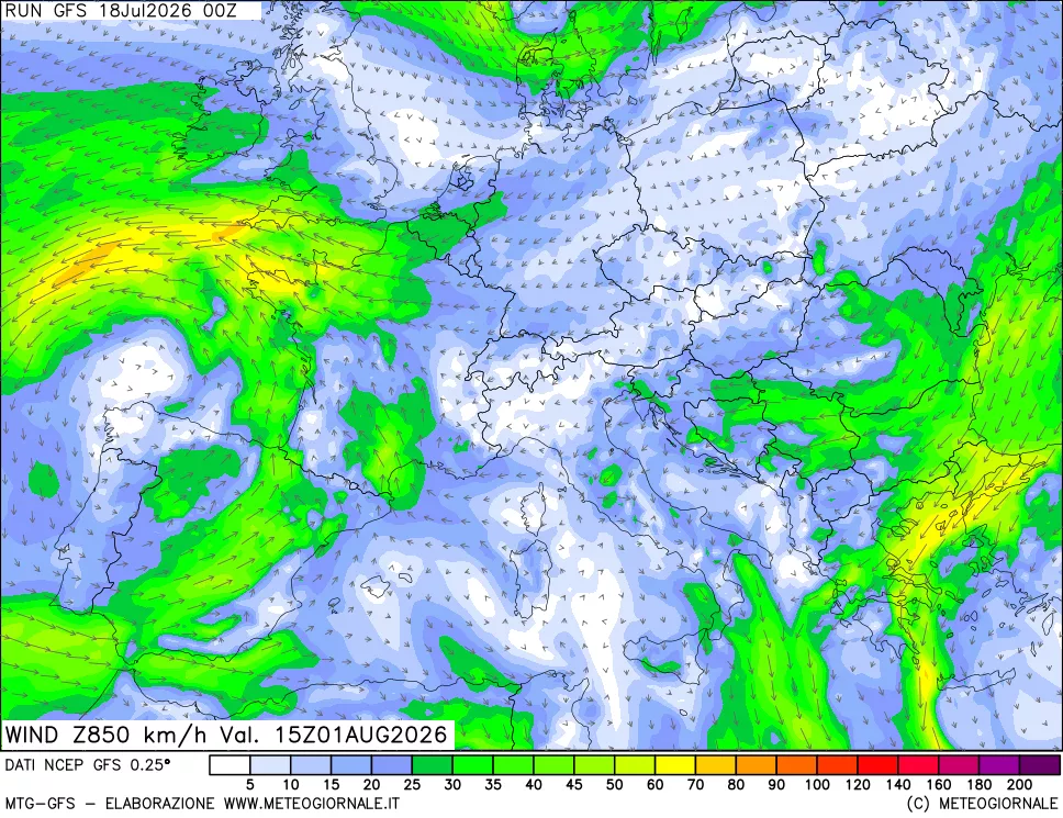 mappa 850 hPa Vento forza e direzione