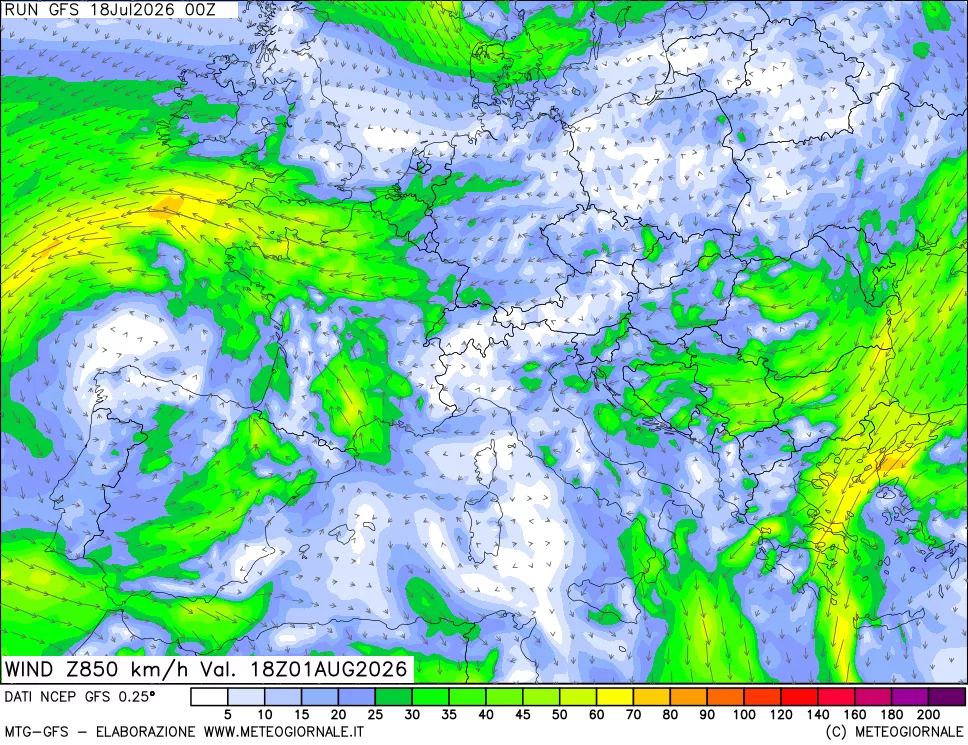 mappa 850 hPa Vento forza e direzione
