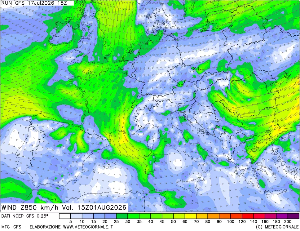 mappa 850 hPa Vento forza e direzione