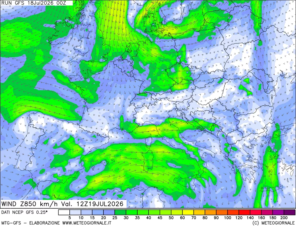mappa 850 hPa Vento forza e direzione