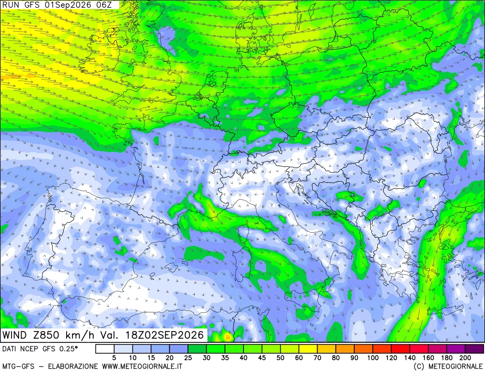 mappa 850 hPa Vento forza e direzione