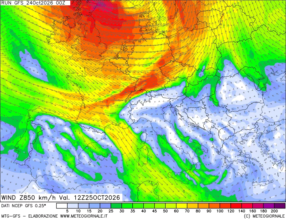 mappa 850 hPa Vento forza e direzione