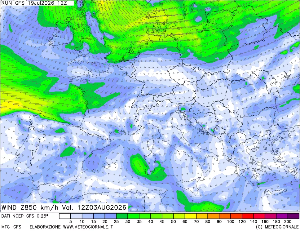 mappa 850 hPa Vento forza e direzione