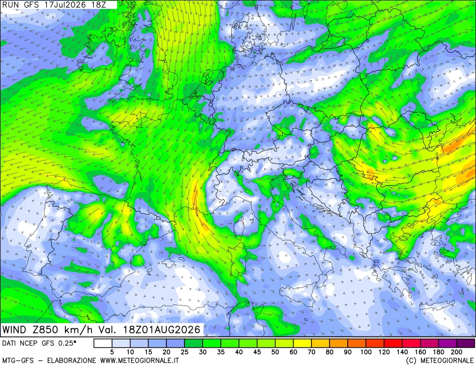mappa 850 hPa Vento forza e direzione