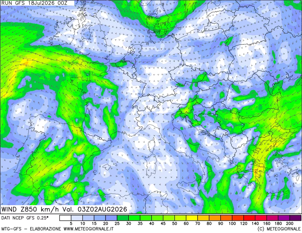 mappa 850 hPa Vento forza e direzione