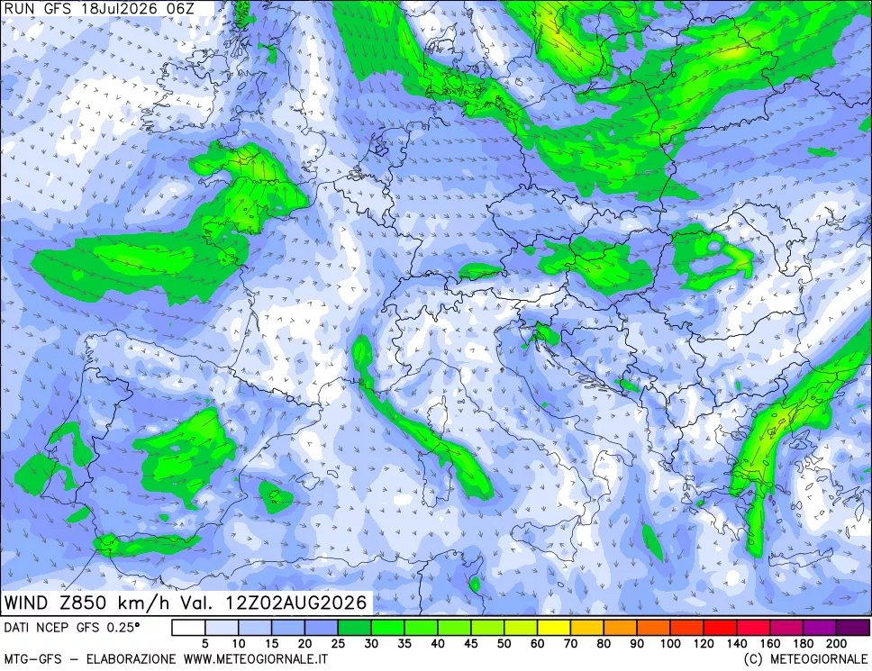 mappa 850 hPa Vento forza e direzione