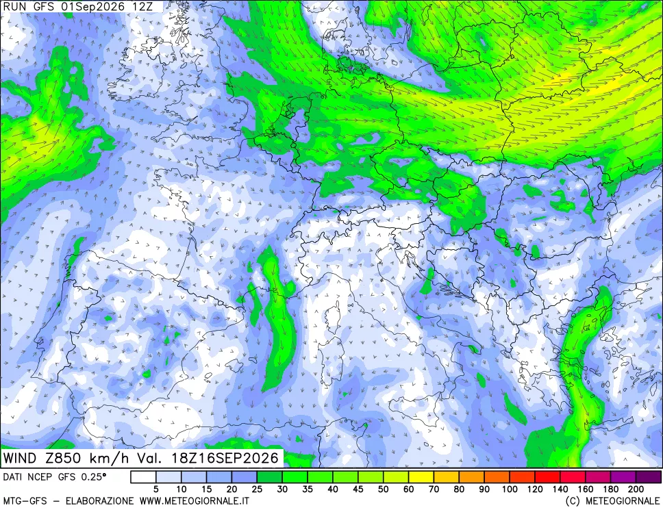 mappa 850 hPa Vento forza e direzione