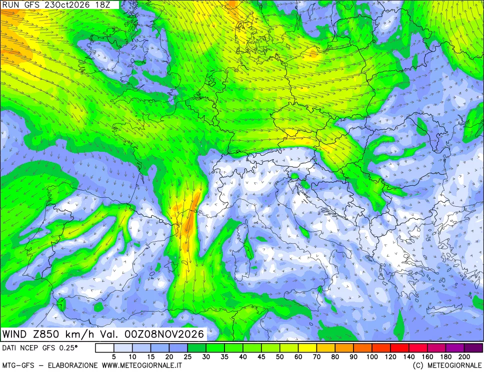 mappa 850 hPa Vento forza e direzione
