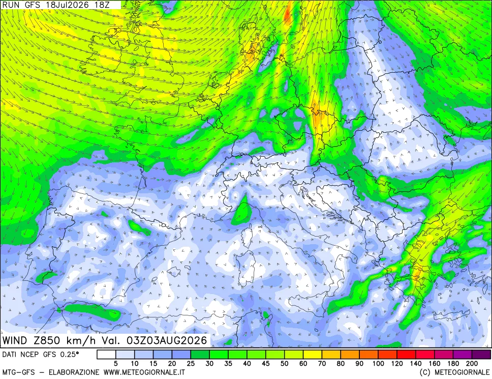 mappa 850 hPa Vento forza e direzione
