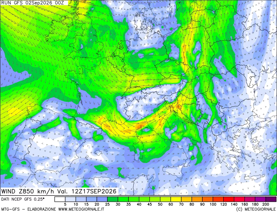 mappa 850 hPa Vento forza e direzione