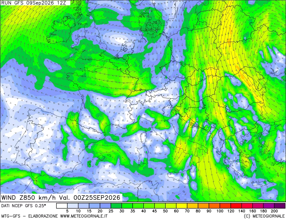 mappa 850 hPa Vento forza e direzione