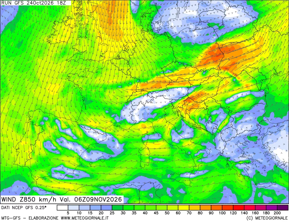 mappa 850 hPa Vento forza e direzione
