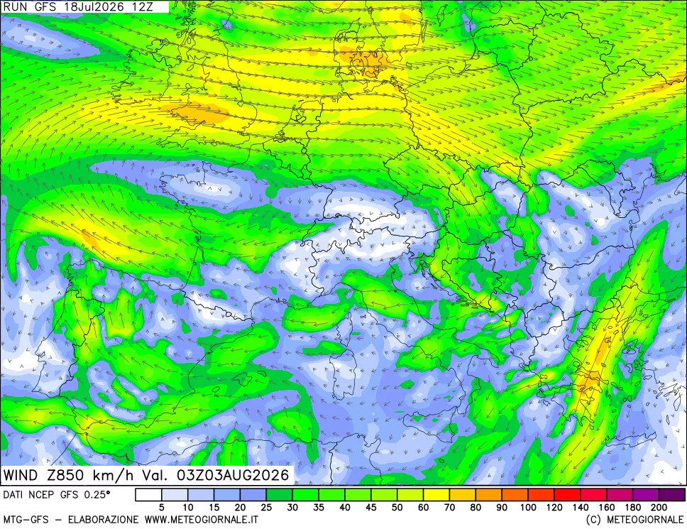 mappa 850 hPa Vento forza e direzione