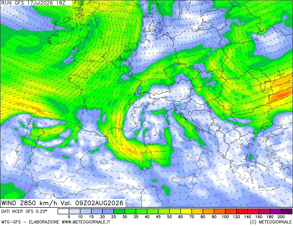 mappa 850 hPa Vento forza e direzione