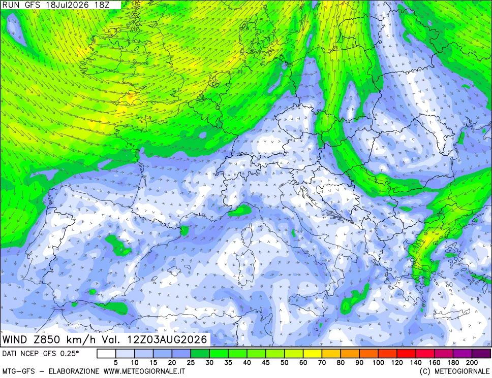mappa 850 hPa Vento forza e direzione