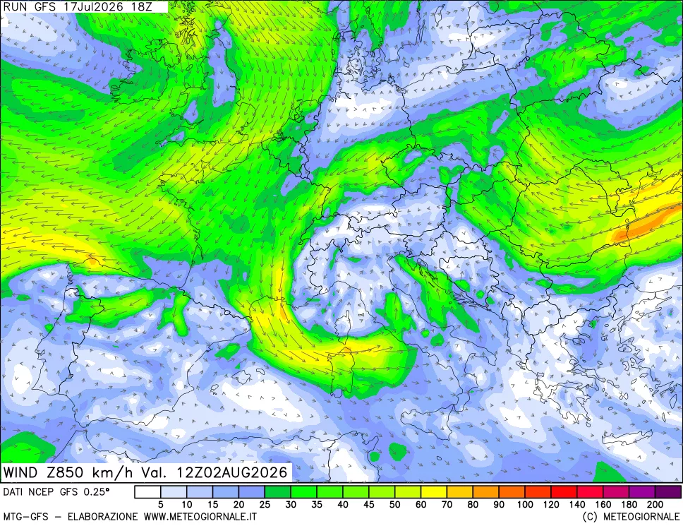 mappa 850 hPa Vento forza e direzione