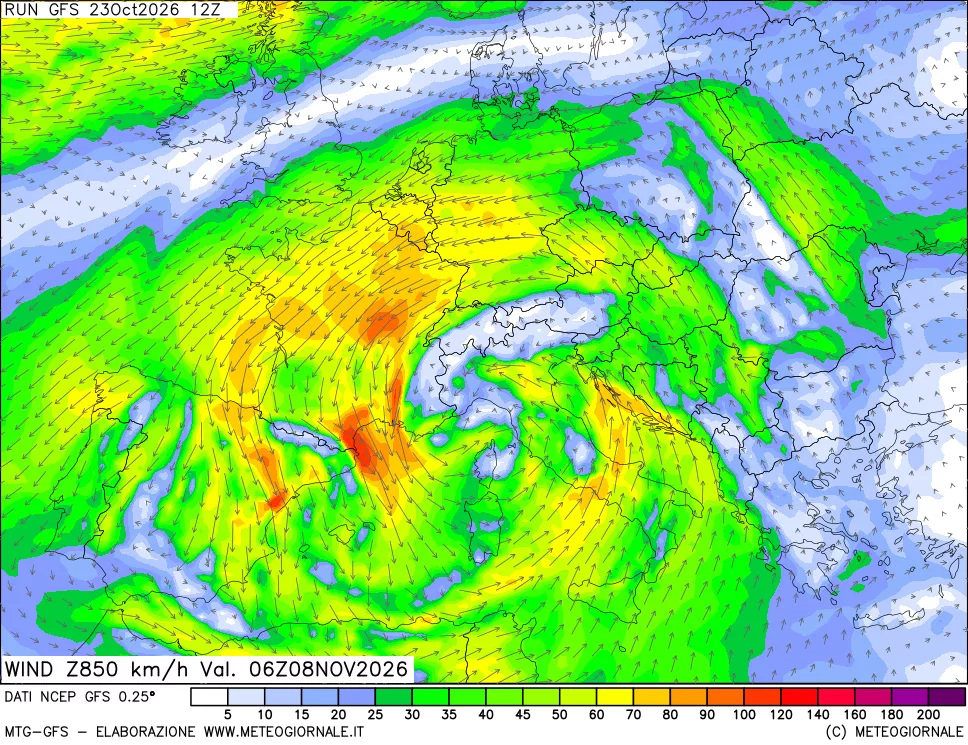 mappa 850 hPa Vento forza e direzione