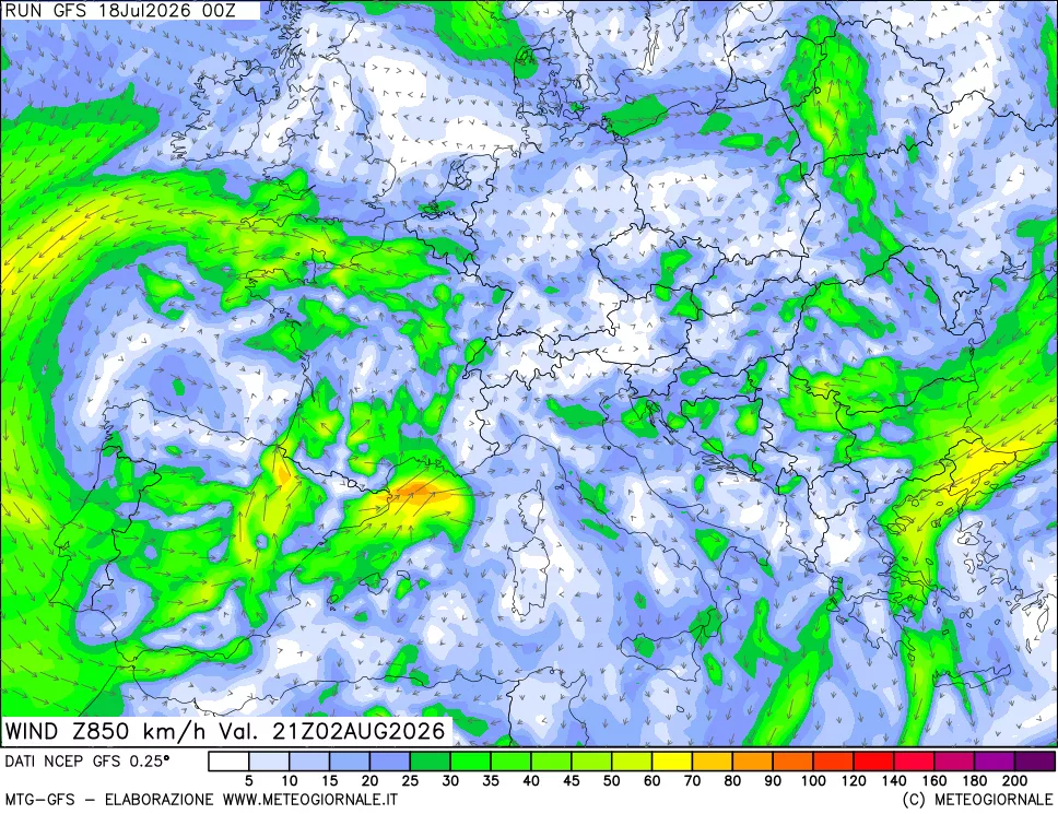 mappa 850 hPa Vento forza e direzione