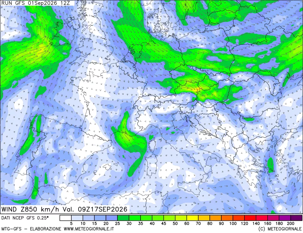 mappa 850 hPa Vento forza e direzione